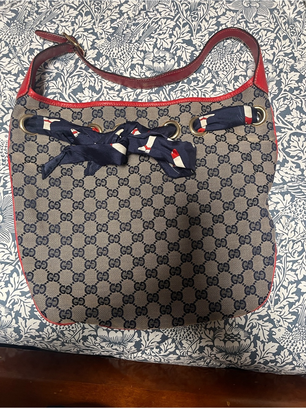 Gucci Navy Monogram Hobo Shoulder Bag with Red Trim and Scarf Detail